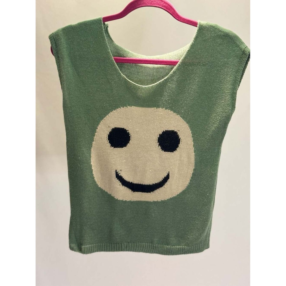 D.D Sage Green Smiley Face Knit Sweater Vest‎ Sleeveless Graphic Top